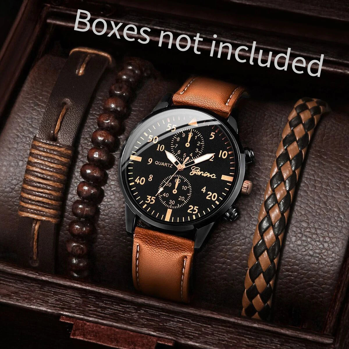 4TEILE/Set Herren Business-Armbanduhren Mode Arabisches Zifferblatt Lederband Quarzuhren Vintage Armbänder Set (Ohne Box)