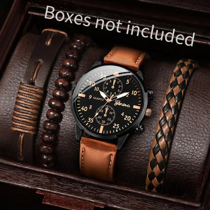 4TEILE/Set Herren Business-Armbanduhren Mode Arabisches Zifferblatt Lederband Quarzuhren Vintage Armbänder Set (Ohne Box)