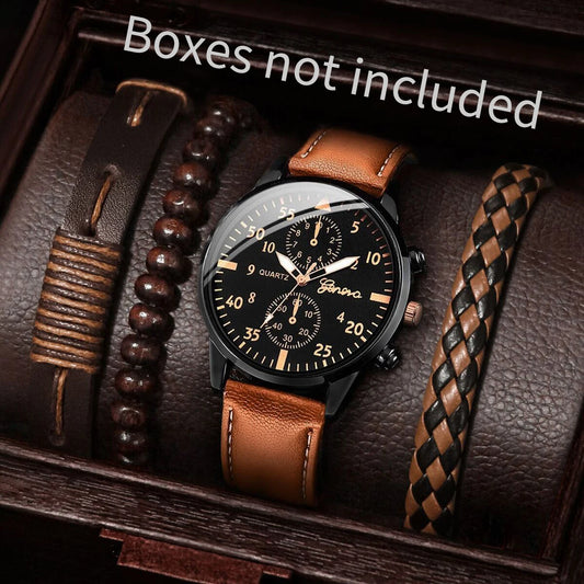 4TEILE/Set Herren Business-Armbanduhren Mode Arabisches Zifferblatt Lederband Quarzuhren Vintage Armbänder Set (Ohne Box)