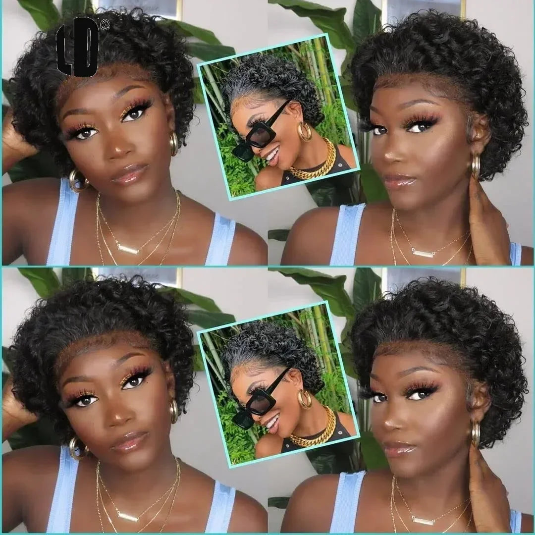 Brazilian Human Hair Wig  Curly Pixie Bob Short Preplucked Hairline 13X1 Hd Lace Front Bob Water Wave Wig