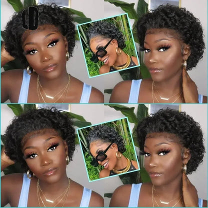 Brazilian Human Hair Wig  Curly Pixie Bob Short Preplucked Hairline 13X1 Hd Lace Front Bob Water Wave Wig