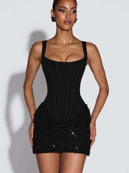 Sexy Sequin Patchwork Sling Mini Dress Women Chic Off-shoulder Backless Waist Cinching Slim Short Dresses Lady Club Party Gowns