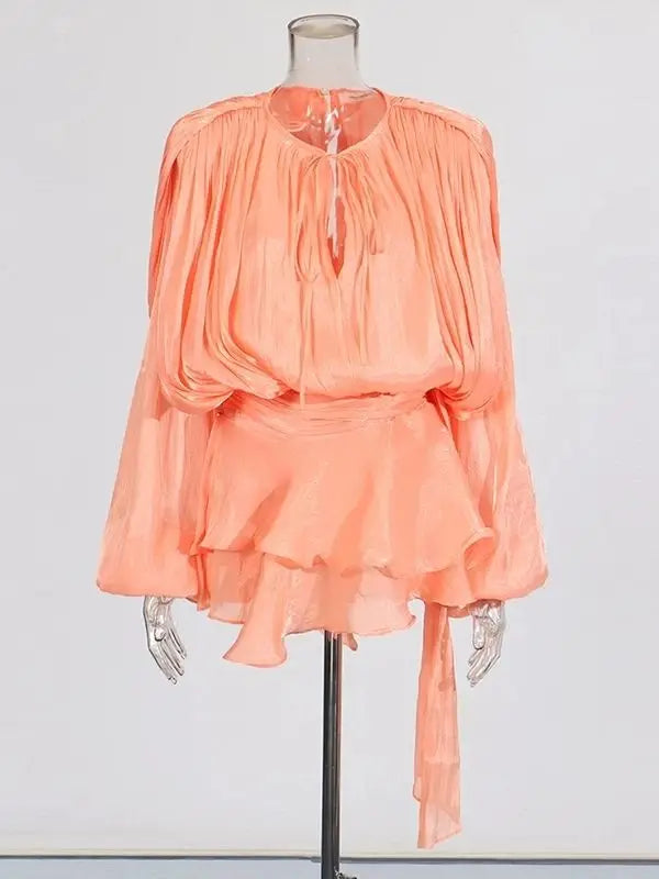TWOTWINSTYLE Solid Bluse Minikleider für Frauen V-Ausschnitt Langarm Gespleißt Geschnürt Süßer Stil Kleid Weibliche Kleidung Mode