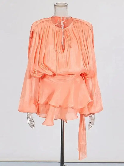 TWOTWINSTYLE Solid Bluse Minikleider für Frauen V-Ausschnitt Langarm Gespleißt Geschnürt Süßer Stil Kleid Weibliche Kleidung Mode