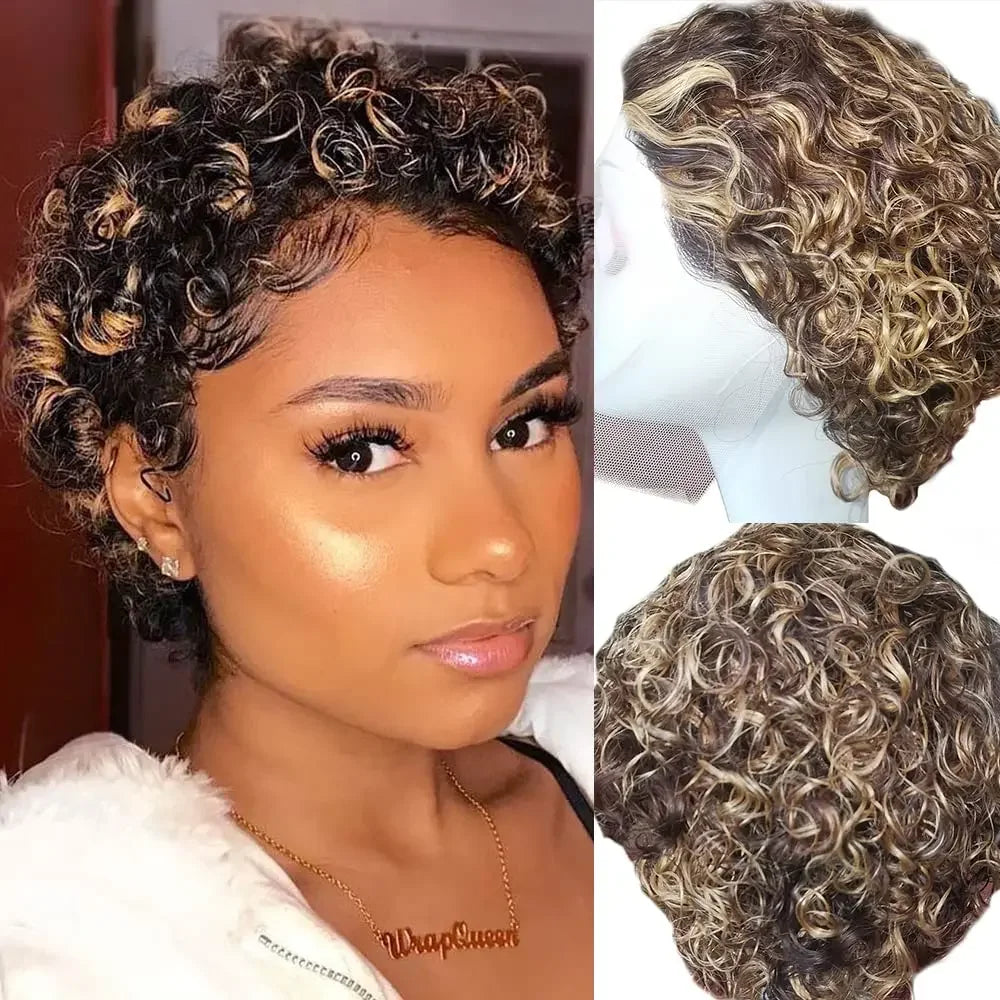 Brazilian Human Hair Wig  Curly Pixie Bob Short Preplucked Hairline 13X1 Hd Lace Front Bob Water Wave Wig