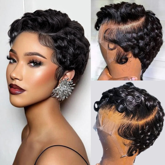 Brasilianische Remy Deep Wave Pixie Cut Perücke 13x4 Lace Front Vorgeschmolzener Haaransatz Gewellter Stil 100 Echthaar Für Schwarze Frauen Alltagskleidung