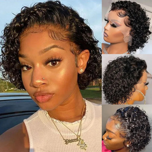 Echthaar-Perücke gelockt, kurzer Bob, für Damen, Lace-Front-Echthaar-Perücken, 13x1 T-Part Lace Perücke, Deep Wave Pixie Cut Perücken