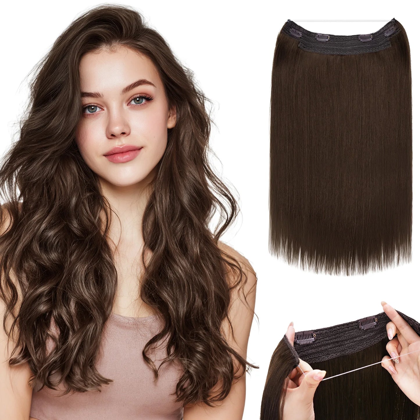 Sunmofavo Wire in Hair Extensions Human Hair Straight Fish Line Natural Fusion with 4 Clips Weft Hair Extensions For Women Daily