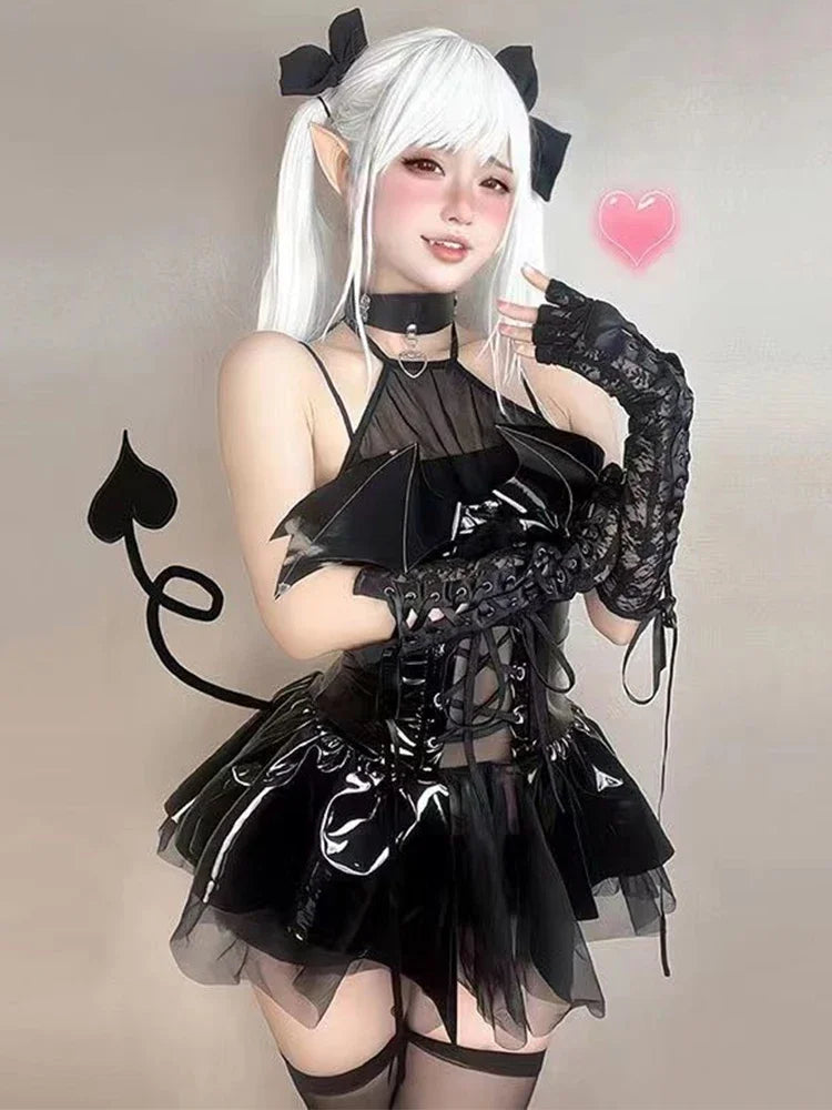 Sexy Cosplay PU-Kleid Damen Harajuku Streetwear Grunge Bandage Hollow Out Bats Dress Punk Y2k E-Girl Mall Gothic Kleidung