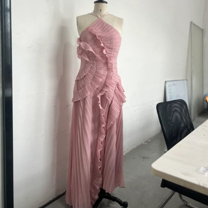 Chic Elegant Lotus Edge Maxi Dress Slim Fit Backless Lace Up Halter Robes Sleeveless Party Vestidos 2025 Nw Lady Vacation Gowns