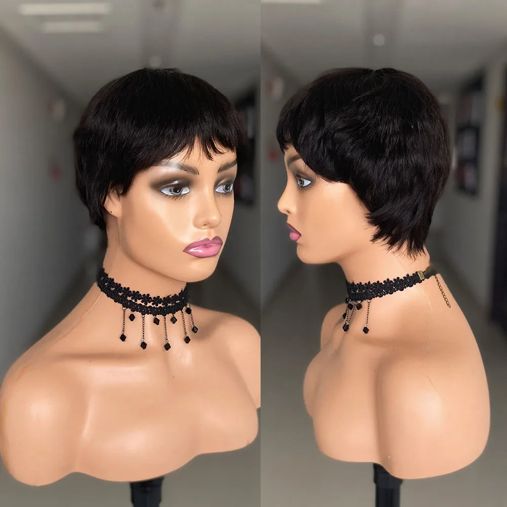 Short Straight Human Hair Wigs Natural Color Brazilian Remy Hair Pixie Cut Wig Human Hair Machine Wig For Black Women