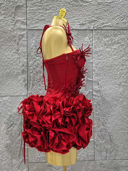 Rotes Damen Sexy Neckholder Komplett Blumenmuster 2-Teiler Bodycon Mini Bandage Kleid zum Feiern, für Nachtclubs, Partys, Geburtstage