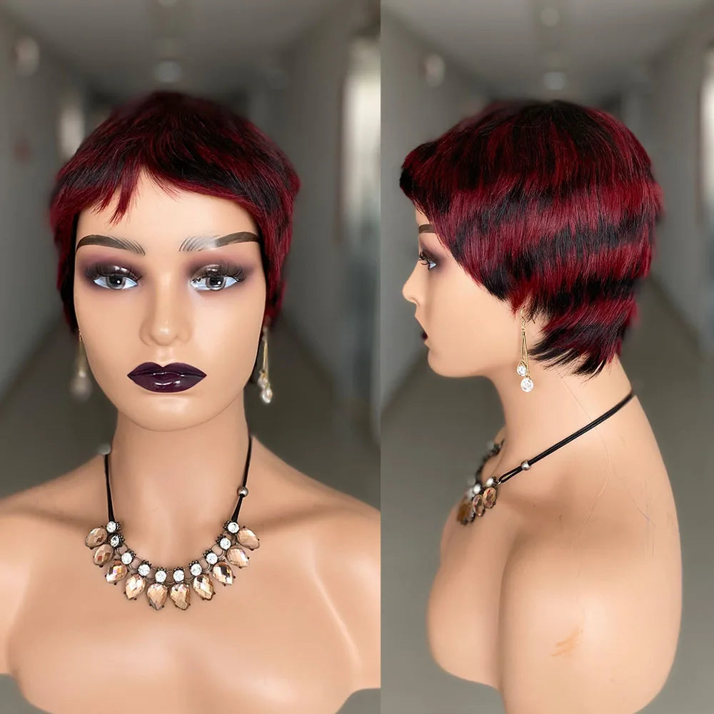 Short Straight Human Hair Wigs Natural Color Brazilian Remy Hair Pixie Cut Wig Human Hair Machine Wig For Black Women