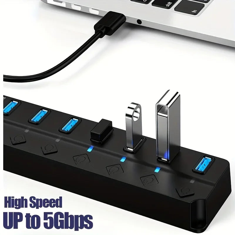 4/7-Port USB 3.0 Hub mit LED-Anzeige, unabhängiger Schaltersteuerung für Laptop, Flash-Laufwerk, Festplatte, Drucker, Kamera, Tastatur