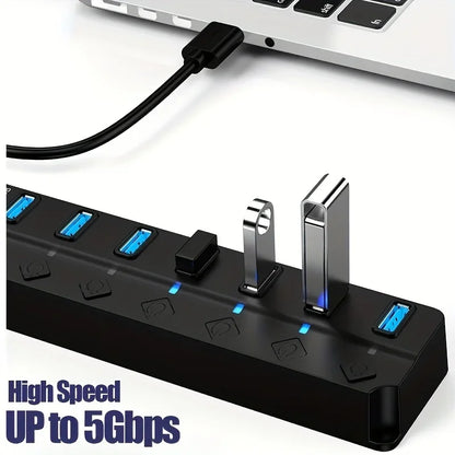 4/7-Port USB 3.0 Hub mit LED-Anzeige, unabhängiger Schaltersteuerung für Laptop, Flash-Laufwerk, Festplatte, Drucker, Kamera, Tastatur