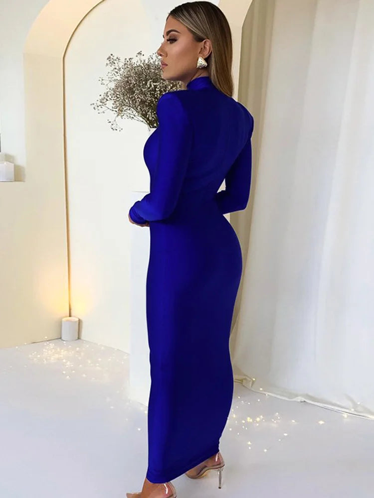 Schultergepolstertes, langärmeliges, eng anliegendes, grünes Party-Club-Maxikleid, lange Kleider, Frühling Herbst Damenmode Elegante Kleidung