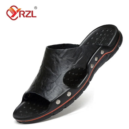 YRZL Sandalen Herren Leder Klassische Sommer Herren Hausschuhe Weiche Schwarze Hausschuhe PU-Leder Hausschuhe Leichte EVA-Slides für Herren