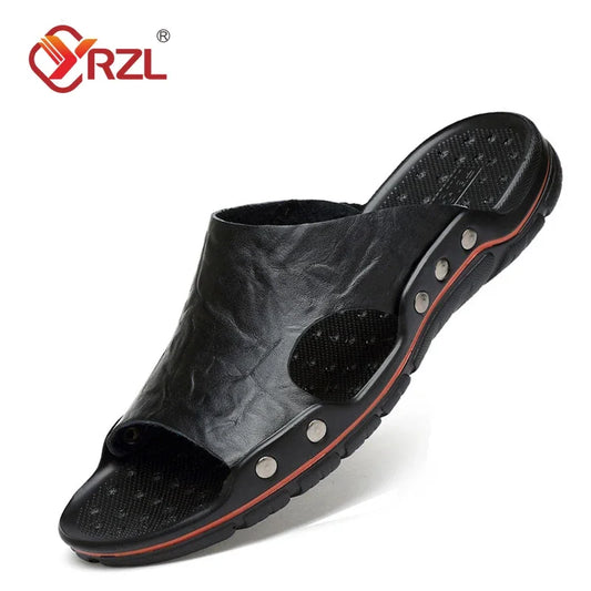 YRZL Sandalen Herren Leder Klassische Sommer Herren Hausschuhe Weiche Schwarze Hausschuhe PU-Leder Hausschuhe Leichte EVA-Slides für Herren
