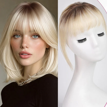 100% Human Hair Blonde Bangs Clips in Air Fringe Bangs Hairpiece for Women Platinum Human Hair Bangs Hair Extension 4.5inch