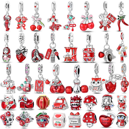 Original 925 Sterling Silver Red Charm Beads Red Wine Chili Dumbbell Pendant For Women Fit DIY Bracelet Birthday Jewelry Gift