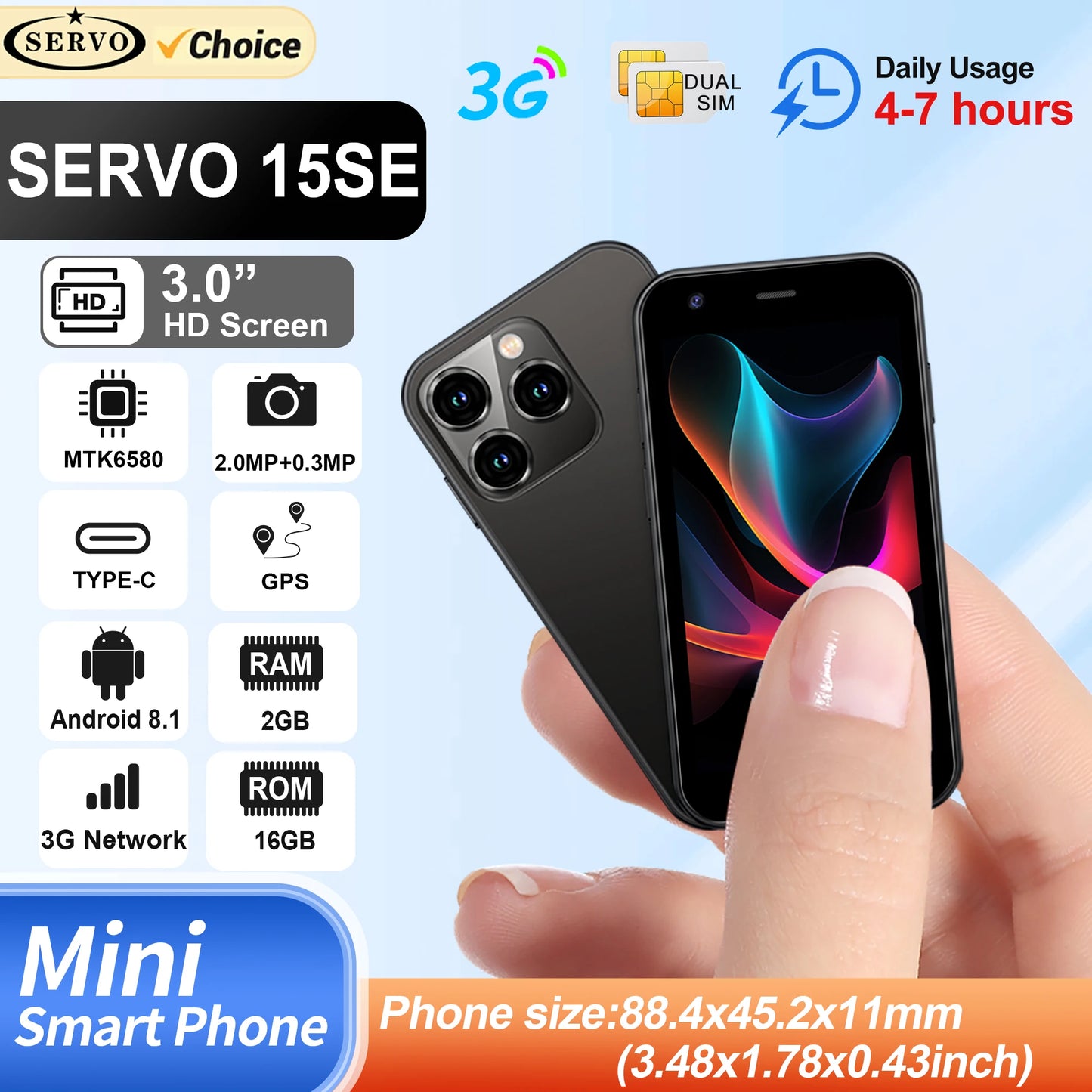 SERVO Mini Smartphone 3,0" Display 2GB+16GB 3G WCDMA Gesichtserkennung WiFi GPS Play Store Android Smartphone Dual-SIM Standby