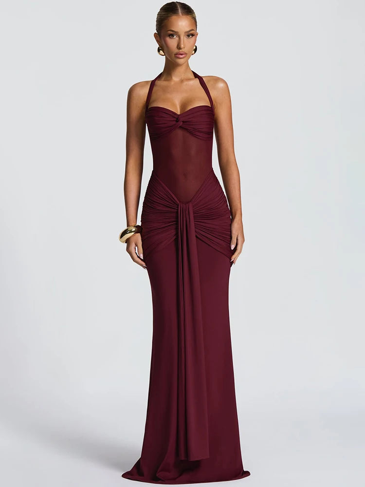 Mozision Neckholder Rückenloses Sexy Maxikleid Damen Mode Patchwork schulterfrei Ärmellos Gerafft Drapierte Bodycon Club Party Kleid