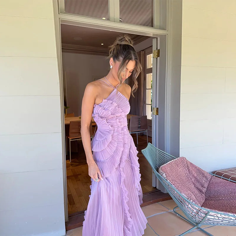 Chic Elegant Lotus Edge Maxi Dress Slim Fit Backless Lace Up Halter Robes Sleeveless Party Vestidos 2025 Nw Lady Vacation Gowns