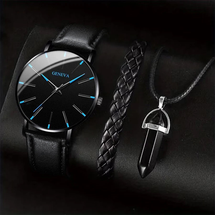 3-teiliges Set Herren Business-Uhren, lässiges Lederarmband, analoge Herren-Quarzuhr, Halsketten-Armband-Set