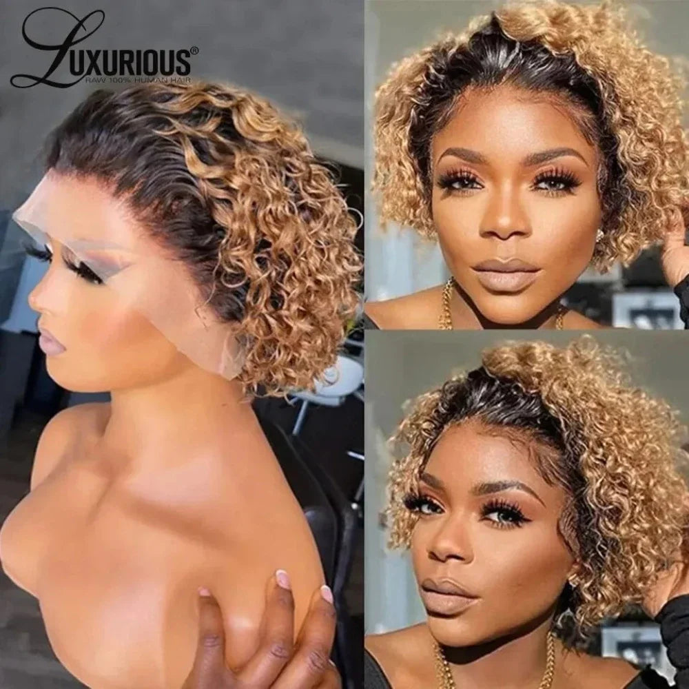 Brazilian Human Hair Wig  Curly Pixie Bob Short Preplucked Hairline 13X1 Hd Lace Front Bob Water Wave Wig