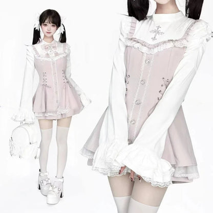 Japanese Gothic Lolita Dress Set Women Harajuku Y2k Bow Lace Ruffles Collar Mini Dresses Female Elegant Party Cute Dress