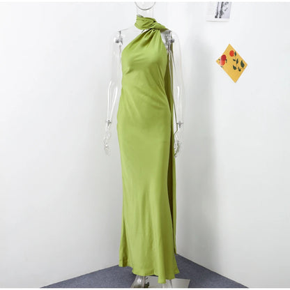Elegant Ribbon Halter Dress Women Solid Off Shoulder Sleeveless Backless Slim Maxi Dresses 2025 Summer Autumn Party Robes Lady