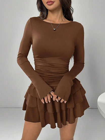 Autumn Winter Solid Color Slim Fit Cascading Ruffles Mini Dress Women Elegant Flare Sleeve High Waist Sexy Party Bodycon Dresses