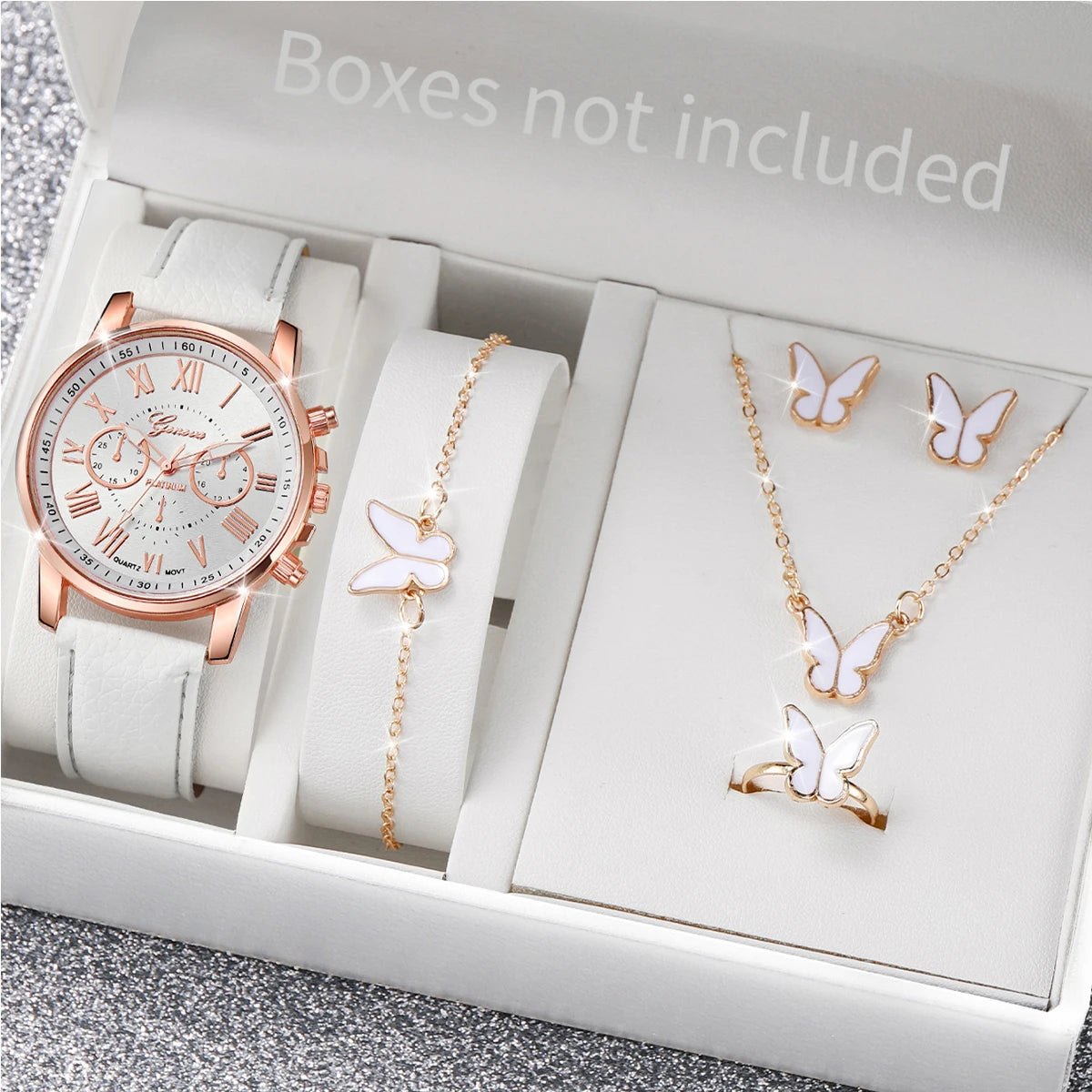 5/6 Stück modische Damen-Quarzuhren mit Lederarmband, analoge Armbanduhren, Herz-Strass-Schmuckset (ohne Box)