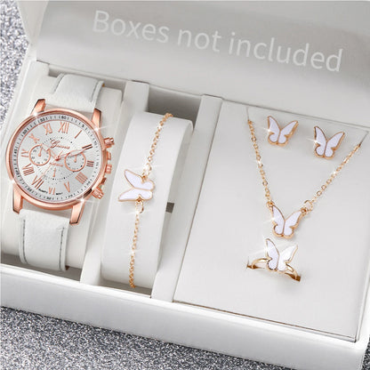 5/6 Stück modische Damen-Quarzuhren mit Lederarmband, analoge Armbanduhren, Herz-Strass-Schmuckset (ohne Box)