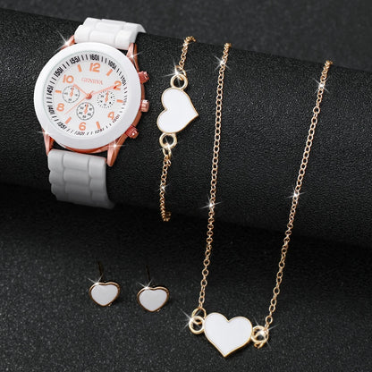5/6PCS Damenarmbanduhren Mode Silikonarmband Damen Quarzuhr Schmuckset Reloj Mujer Mädchenuhr Geschenk (Ohne Box)