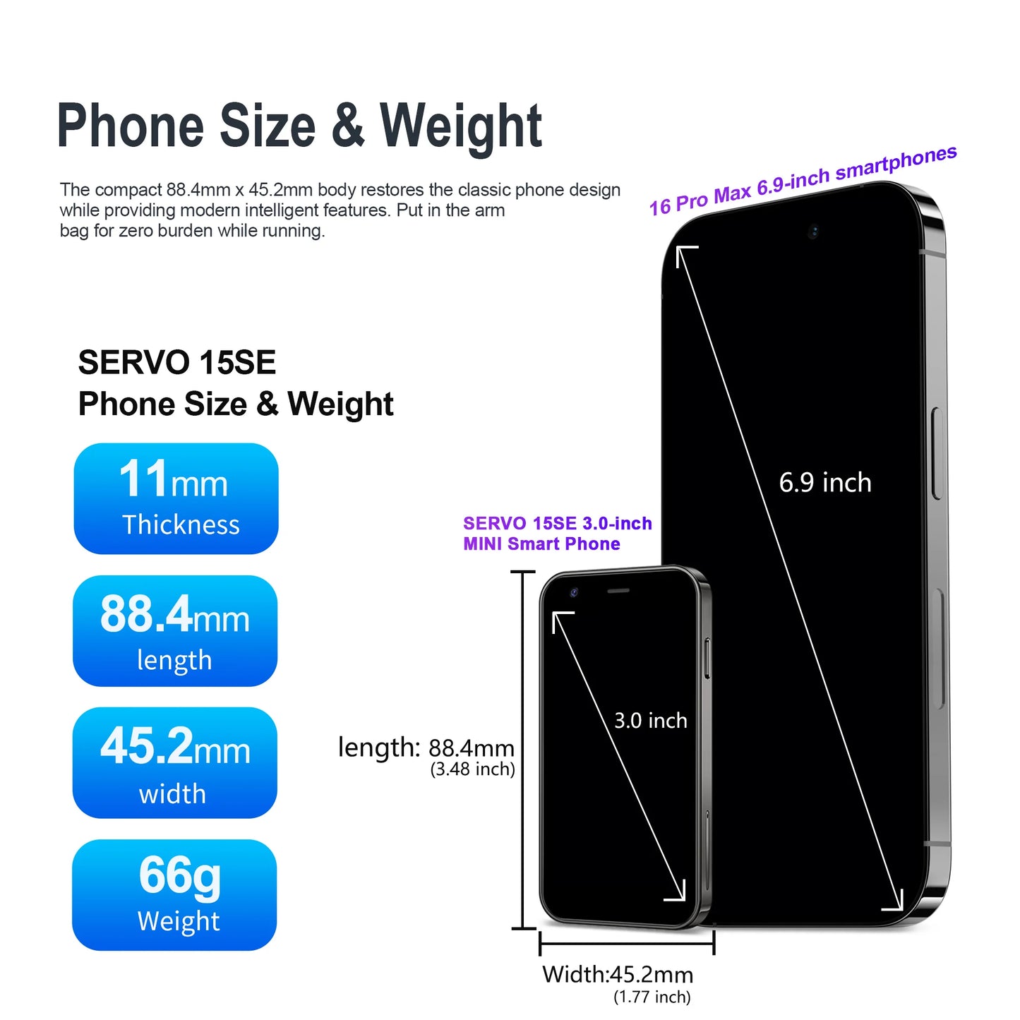 SERVO Mini Smartphone 3,0" Display 2GB+16GB 3G WCDMA Gesichtserkennung WiFi GPS Play Store Android Smartphone Dual-SIM Standby