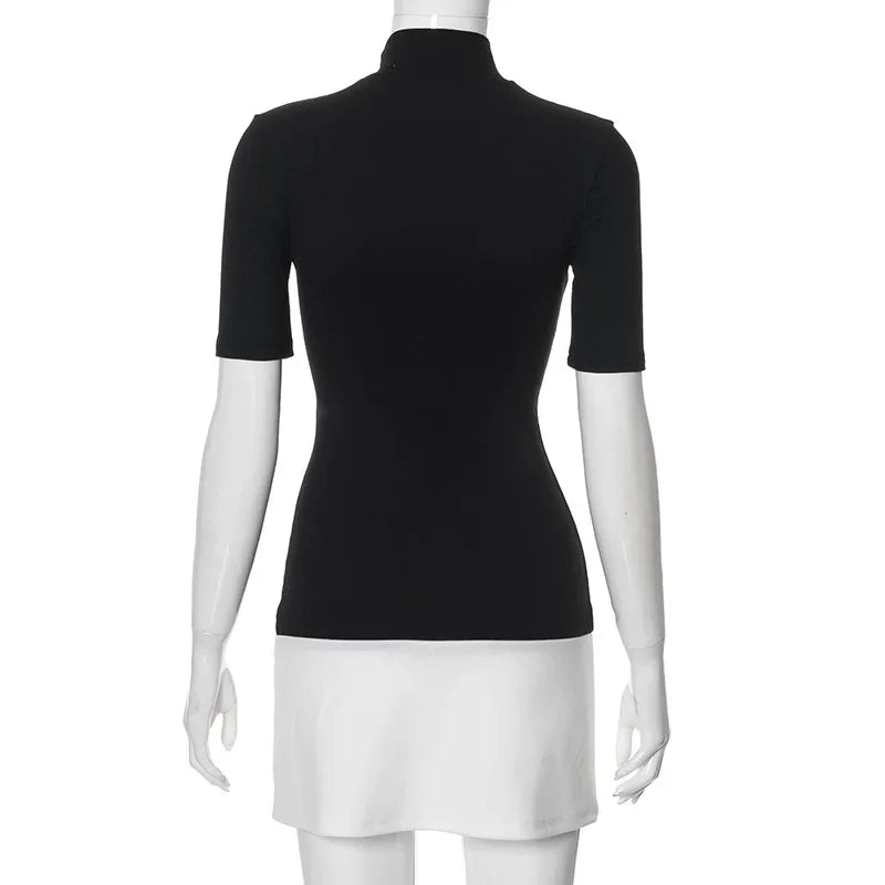 Kontrastfarbenes Bodycon-Kleid für Damen Sommerkleidung Rollkragen-Westen Elegantes Kleid für Frauen Halbärmliges Mini-Streetwear Y2K