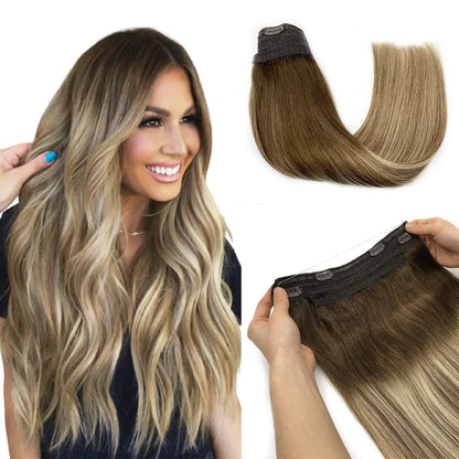Sunmofavo Wire in Hair Extensions Human Hair Straight Fish Line Natural Fusion with 4 Clips Weft Hair Extensions For Women Daily