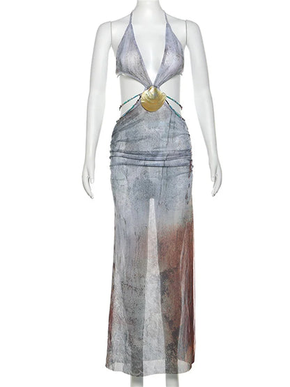 Nibber Vintage Sexy langes Kleid Damen Neckholder Bandage V-Ausschnitt Rückenfrei Schlitz geraffte Vestidos Heißes Mitternachts-Damen Party Club Robe
