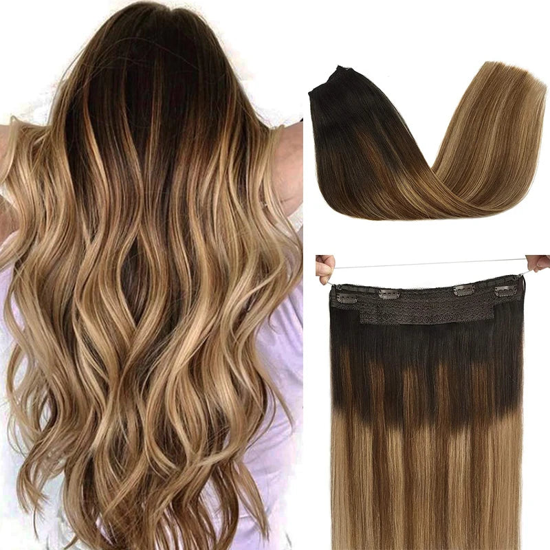 Sunmofavo Wire in Hair Extensions Human Hair Straight Fish Line Natural Fusion with 4 Clips Weft Hair Extensions For Women Daily