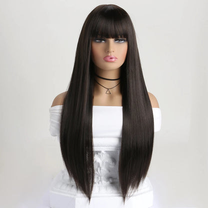 Best-selling 26-inch synthetic wig for long straight hair for Halloween cosplay, daily use wig, high-temperature hair accessory
