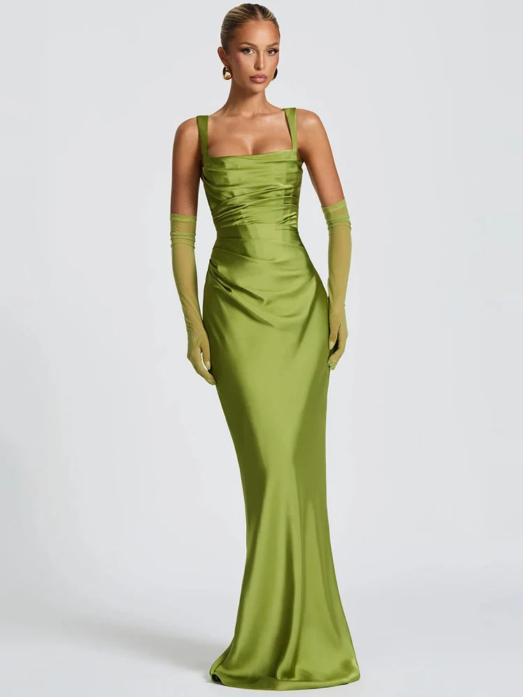 Mozision Satin Backless Sexy Maxi Dress Women Elegant Halter Off-shoulder Sleeveless Lace-up Bodycon Club Party Long Dresses