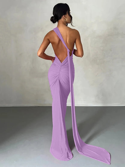 Hugcitar One Shoulder Backless Adjustable Scarf Loop Rüschen Sexy Maxikleid Damen Elegant Y2K Streetwear Festival Outfit