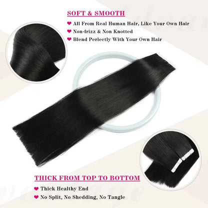 Tape In Hair Extensions Remy Human Hair 20pcs Straight Seamless Skin Weft Tape Hair Extensions Natural Black Hair For Women