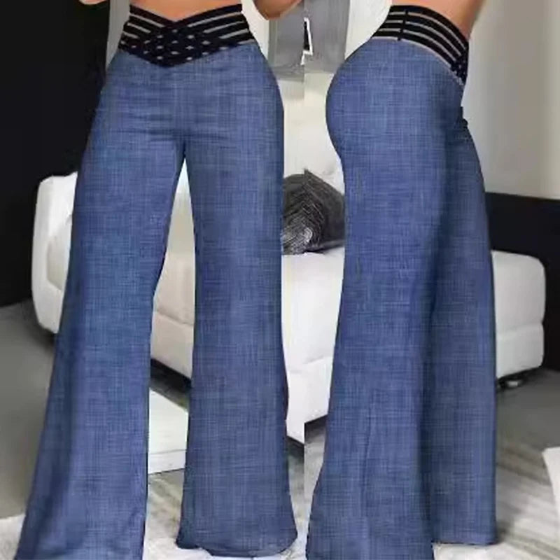 Women Wide Leg Flared Pants Autumn Casual Crisscross Sheer Mesh Patch High Waist Trousers Y2k Streetwear Elegant Work Pant
