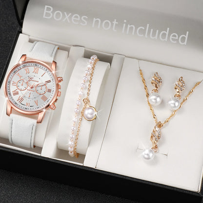 5 TEILE/Set Damenuhr Mode Römisches Zifferblatt Lederarmband Quarzuhr Perlen Schmuckset (Ohne Box)