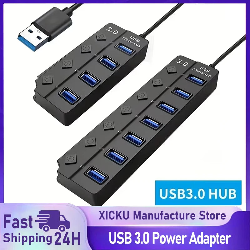 4/7-Port USB 3.0 Hub mit LED-Anzeige, unabhängiger Schaltersteuerung für Laptop, Flash-Laufwerk, Festplatte, Drucker, Kamera, Tastatur