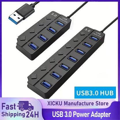 4/7-Port USB 3.0 Hub mit LED-Anzeige, unabhängiger Schaltersteuerung für Laptop, Flash-Laufwerk, Festplatte, Drucker, Kamera, Tastatur