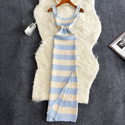 2024 gestreiftes Sommer-Kleid mit elastischem Schlitz, eng anliegend, sexy Strandurlaub, Sonnenkleid für Damen, lässiges, schlankes Bleistiftkleid, langes Maxikleid