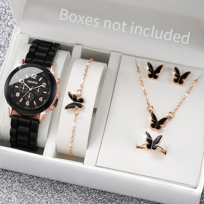 5/6PCS Damenarmbanduhren Mode Silikonarmband Damen Quarzuhr Schmuckset Reloj Mujer Mädchenuhr Geschenk (Ohne Box)